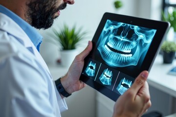Dentist Analyzing X-Ray Images of Teeth on Digital Tablet in Dental Office
