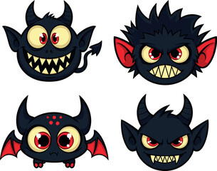 Cartoon demon faces with horns, red eyes, sharp teeth, spooky expressions, fantasy monsters, Halloween creatures, evil characters, vector illustration