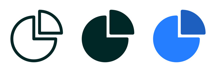 pie chart icons in outline, solid, and blue color. Represents data, analysis, percentage breakdown. minimal infographic symbols for data visualization, analytics, business, finance, and statistics