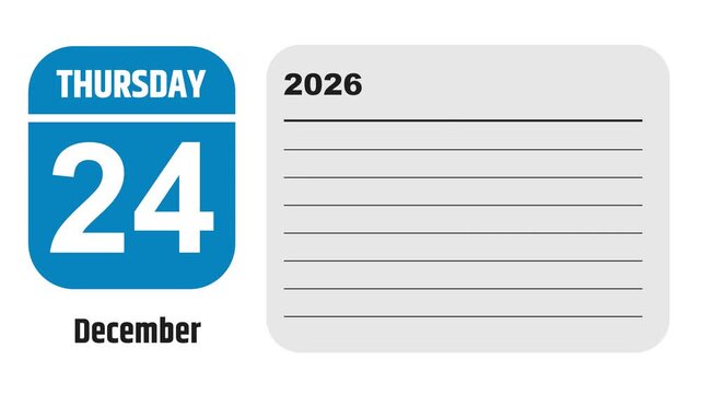 December 24, 2026: Animated 2030 planner showcasing December calendar, highlighting December 24th with space for tasks, notes, and to-do lists.