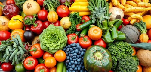 Vibrant assortment of fresh produce, colorful fruits and vegetables,  tomatoes,  mango