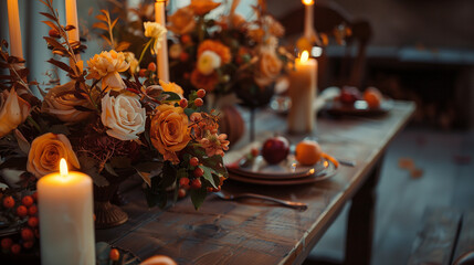 Beautiful autumn table setting with candles and flowers, cozy atmosphere, warm colors, festive decor
