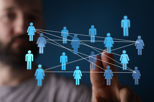 Concept of networking and digital connections shown through human icons, symbolizing social media interaction and technological advancements in