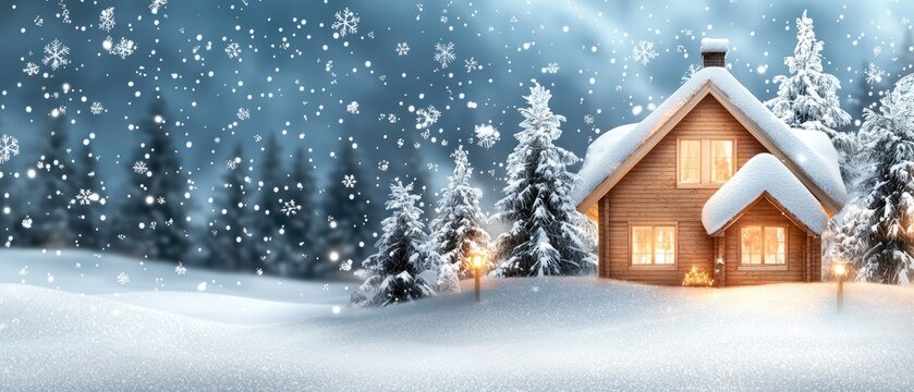A wooden cabin stands alone in a snowy field, surrounded by tall evergreen trees under a soft winter sky - Powered by Adobe
