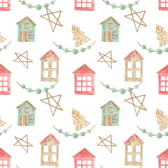 Watercolor winter pattern. New Year's print. Merry Christmas. Christmas seamless pattern. Christmas tree, gifts. Snowman in a scarf. Winter mood. December. January. Winter holidays. Gift wrapping pape