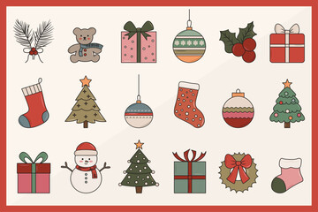 Set of cute and colorful Christmas elements, icons - gift, ornament, Christmas tree, Christmas stocking, holly berry, snowman, wreath, pine tree, vector illustration
