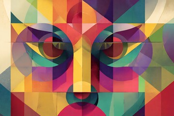Fototapeta premium A vibrant and colorful abstract geometric illustration of an animal face, possibly an owl or cat, rendered in a modern cubist style.