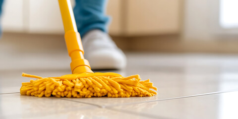Close-up shot of a yellow mop cleaning tiled floor in a modern home, person visible in background cleaning. The image captures the essence of home cleanliness and hygiene.
