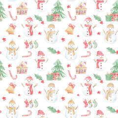 Watercolor winter pattern. New Year's print. Merry Christmas. Christmas seamless pattern. Christmas tree, gifts. Snowman in a scarf. Winter mood. December. January. Winter holidays. Gift wrapping pape