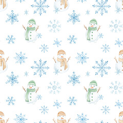 Watercolor winter pattern. New Year's print. Merry Christmas. Christmas seamless pattern. Christmas tree, gifts. Snowman in a scarf. Winter mood. December. January. Winter holidays. Gift wrapping pape