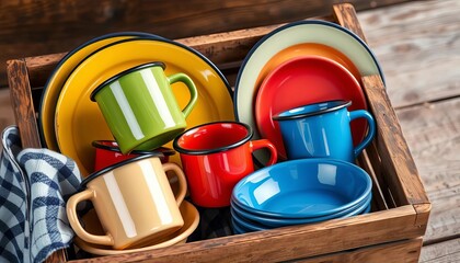 Vibrant enamelware camping mugs, plates, bowls in a rustic wood crate,   relaxation,   adventure