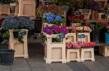 Colorful flower bouquets for sale at a street market