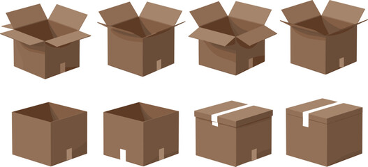 Set of Cardboard Boxes in Various Open and Closed States for Packaging, Shipping, Delivery, Storage, and Logistics Design Concepts