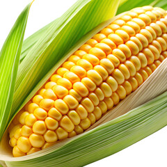 Close-up of a ripe yellow corn cob with green husks against a dark background maize kernel isolated on a transparent background