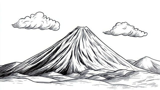 Detailed black and white illustration of mountain with prominent peak, surrounded by rolling hills and clouds sky, evokes sense of tranquility