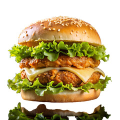 Double Patty Burger with Melted Cheese and Lettuce on Sesame Seed Bun on Black Background hamburger cheeseburger isolated on a transparent background