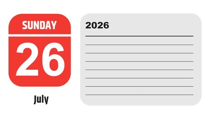 July 26, 2026: Animated 2029 planner showcasing July calendar, highlighting July 26th with space for tasks, notes, and to-do lists.