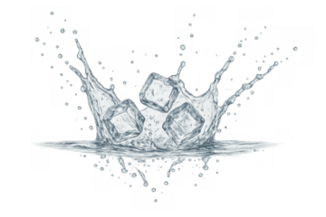 Ice cubes splashing into refreshing cool water creating liquid waves and droplets, transparent background