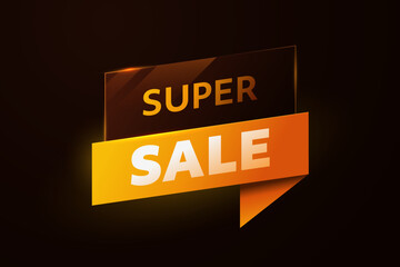 Naklejka na ściany i meble Bright orange and yellow ribbon banner with place for text, isolated on dark background. Super Sale label design. Ideal for promotion, advertising, discount, and special offer. Vector illustration Naklejka na ściany i meble Bright orange and yellow ribbon banner with place for text, isolated on dark background. Super Sale label design. Ideal for promotion, advertising, discount, and special offer. Vector illustration