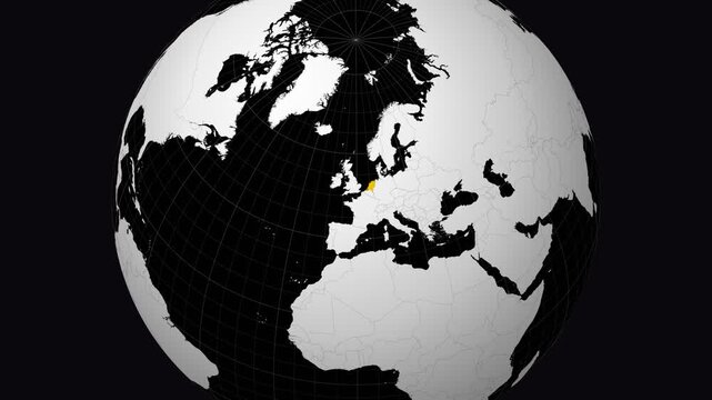 Netherlands map. Animated zoom into the country on the Globe in Black White color palette. Country logo animation. Map with meridians, parallels. Amazing video.