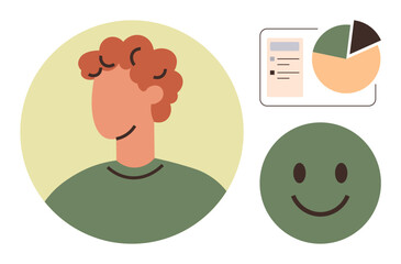 Portrait of a person, a pie chart with a document, and a happy face. Ideal for self-improvement, feedback, analytics, communication, growth mindset motivation customer satisfaction. A simple flat