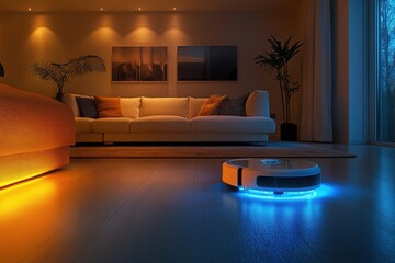 Automatic Robotic Vacuum Cleaner an Illuminated Living Room