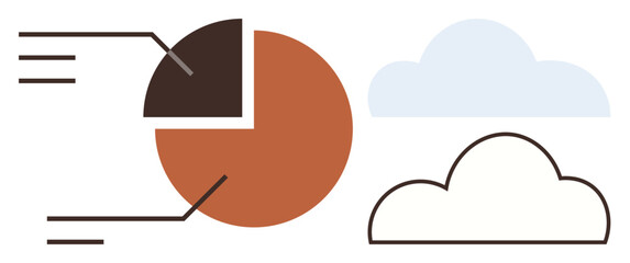Pie chart with labeled sections and simple cloud outline depicting data analysis, cloud computing, innovation, digital technology, information storage, business strategy, simple flat metaphor