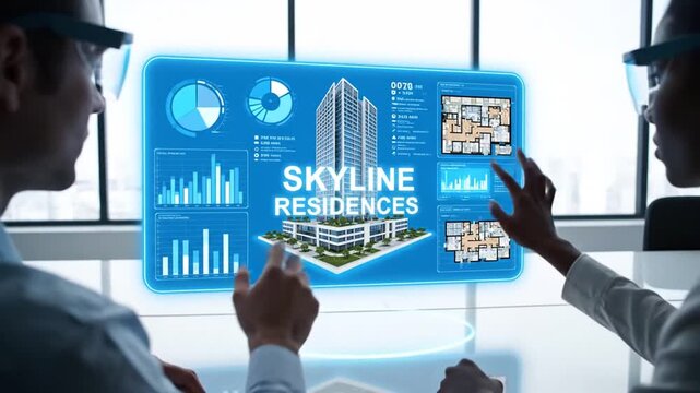 Business professionals leverage augmented reality for interactive real estate project analysis, visualizing complex property data and floor plans on a holographic display for strategic planning