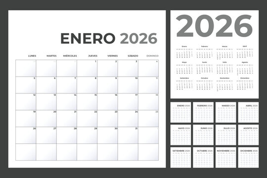 Spanish Calendar Template for 2026 Year with Monday Start