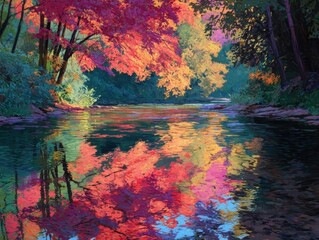 Impressionistic Autumn River Landscape Painting Vivid Fall Colors Reflected Water Serene Woodland Scene Colorful Nature Art Tranquil Stream Flowing Through Forest Beautiful Seasonal Display