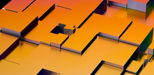 Abstract 3D rendered image of geometric cubes in shades of orange and yellow, creating a modern and...