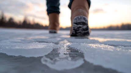 Exploring the crisp winter landscape, the crunch of boots on ice echoes. A solitary walk across a frozen lake at dusk, capturing the beauty of winter.