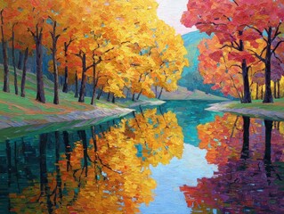 Impressionistic Autumn River Landscape Painting with Rich Yellow and Red Trees Reflecting on Water Colorful Fall Season Art Vibrant Forest Scenery