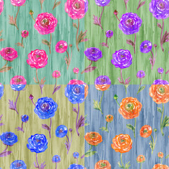 Seamless pattern of multicolored ranunculus flowers on a varied striped background, watercolor illustration, print for fabric and other surfaces.