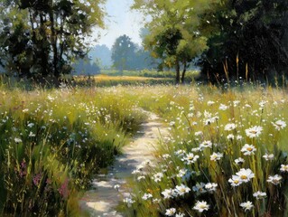 Impressionist Field Painting Meadow Path Serene Landscape Wildflowers Trees Artistic Brushstrokes