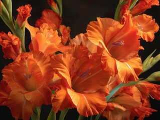 Striking Orange Gladiolus Bouquet Close-up Gladioli Bloom Dark Background