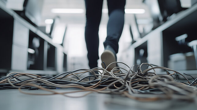 Tangled cables on a server room floor create a trip hazard. A person walks by the mess, unaware of the potential danger in the dimly lit space. Orderliness is key for workplace safety. - Powered by Adobe