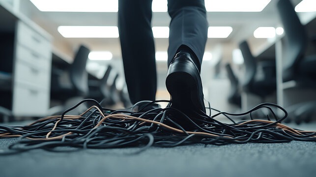 A person in dress pants and shoes walking over wires on the floor of an office space. The untidiness and potential for tripping creates an unsafe work environment.
