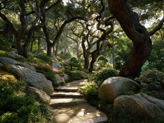 Sun-Kissed Stone Steps Ascending Through a Japanese Garden with Mossy Rocks, Sculpted Shrubs, and Broad-Leafed Trees