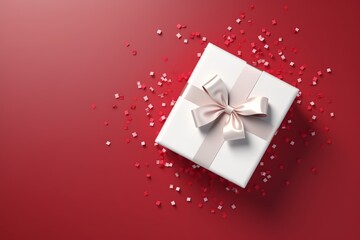 Stylish White Gift Box with Pale Pink Bow on Red Background