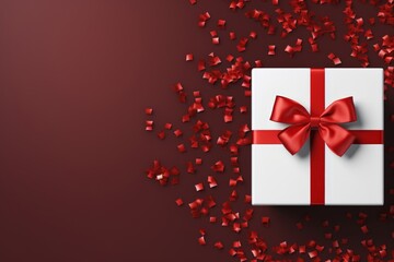 Close-up of Elegant White Gift with Red Ribbon and Confetti