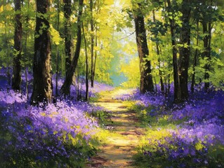 Oil Painting Forest Path Bluebells Woods Landscape Sunlight Woodland Wildflowers Art Vibrant Green Foliage Springtime