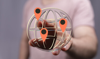 Hand interacting with a digital globe, showcasing global reach and connectivity. Ideal for technology, travel, and business.