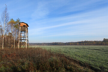 Wooden hunting tower stands on the edge of a vast autumn meadow under clear blue sky in soft morning light