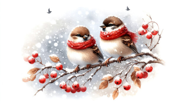 Watercolor illustration of two sparrows in red scarves sitting on a snowy branch with red winter berries.