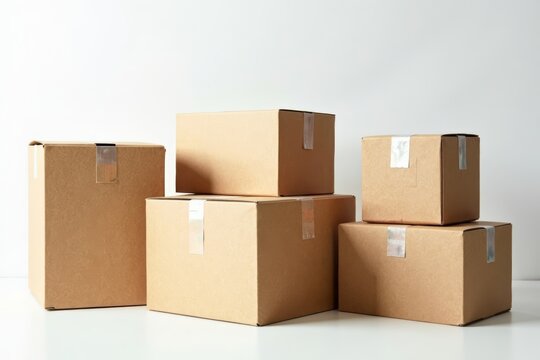 - Detailed photo of assorted cardboard shipping boxes on white backdrop