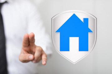A businessman interacting with a house symbol, representing home security, real estate investment, and property protection. Suitable for illustr