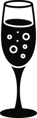 Black champagne glass with bubbles minimalist vector icon for New Year celebration