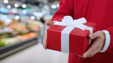 Person in red outfit holding wrapped gift with white ribbon in store setting