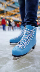 Close-up of blue ice skates on ice rink with people skating in background